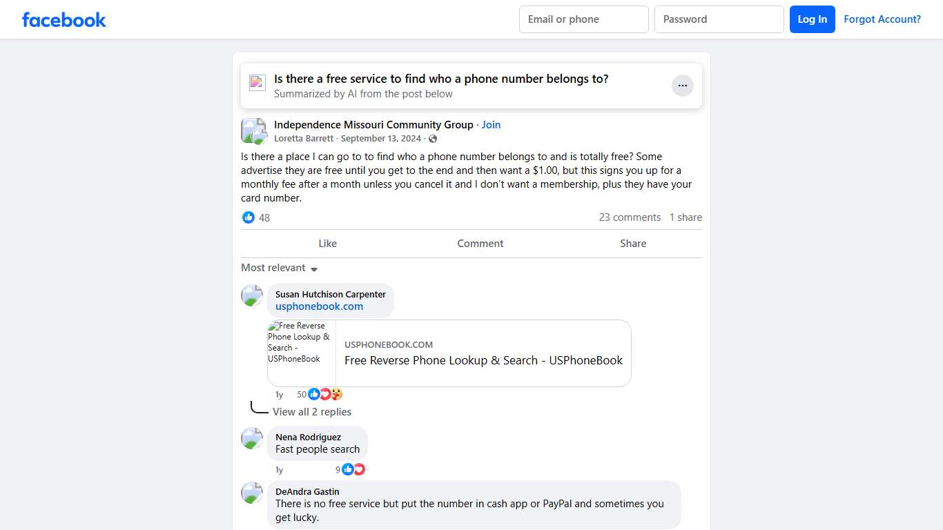Independence Missouri Community Group | Is there a place I can go to to find who a phone number belongs to and is totally free | Facebook